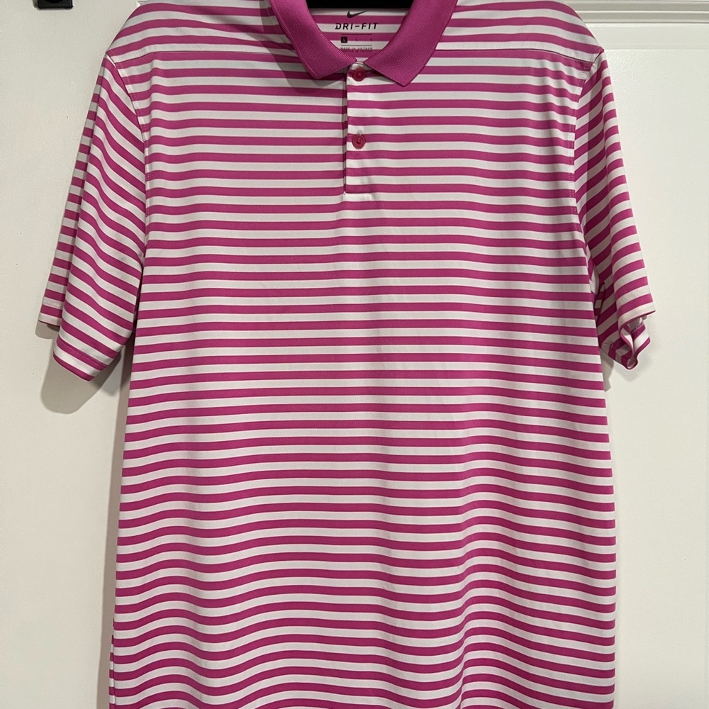 Nike Pink and White Polo Shirt with Stripes